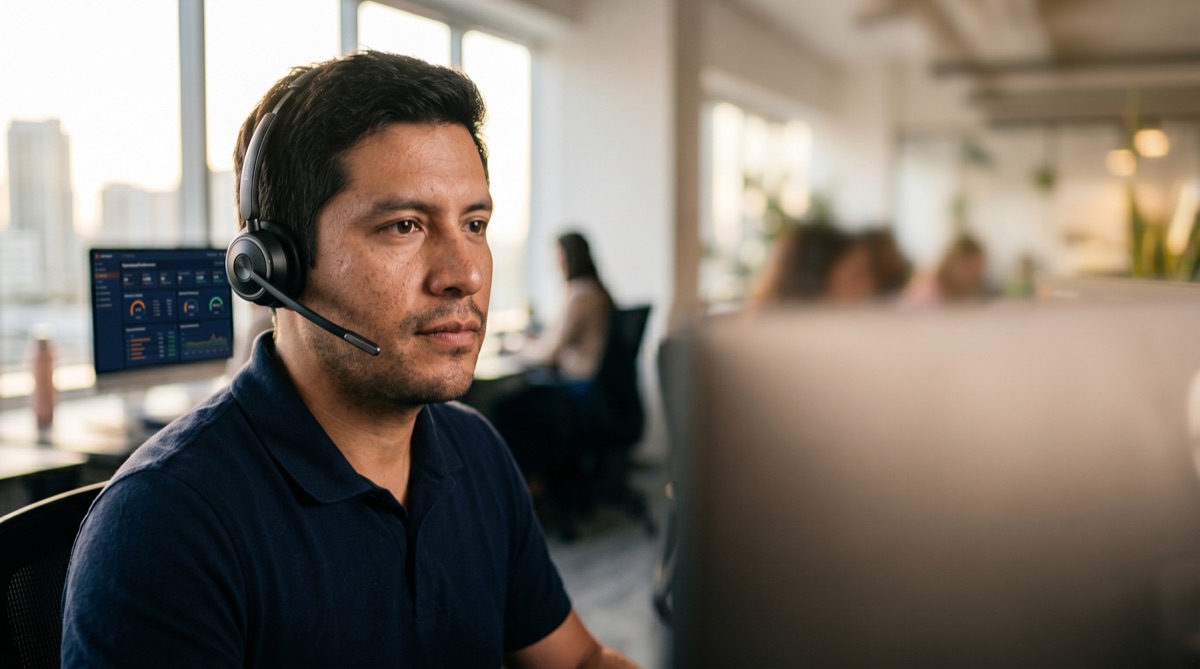 Ingeniero de prompts dedicado LATAM trabajando en producción — especialista enfocado revisando arquitectura de prompts en ambiente profesional