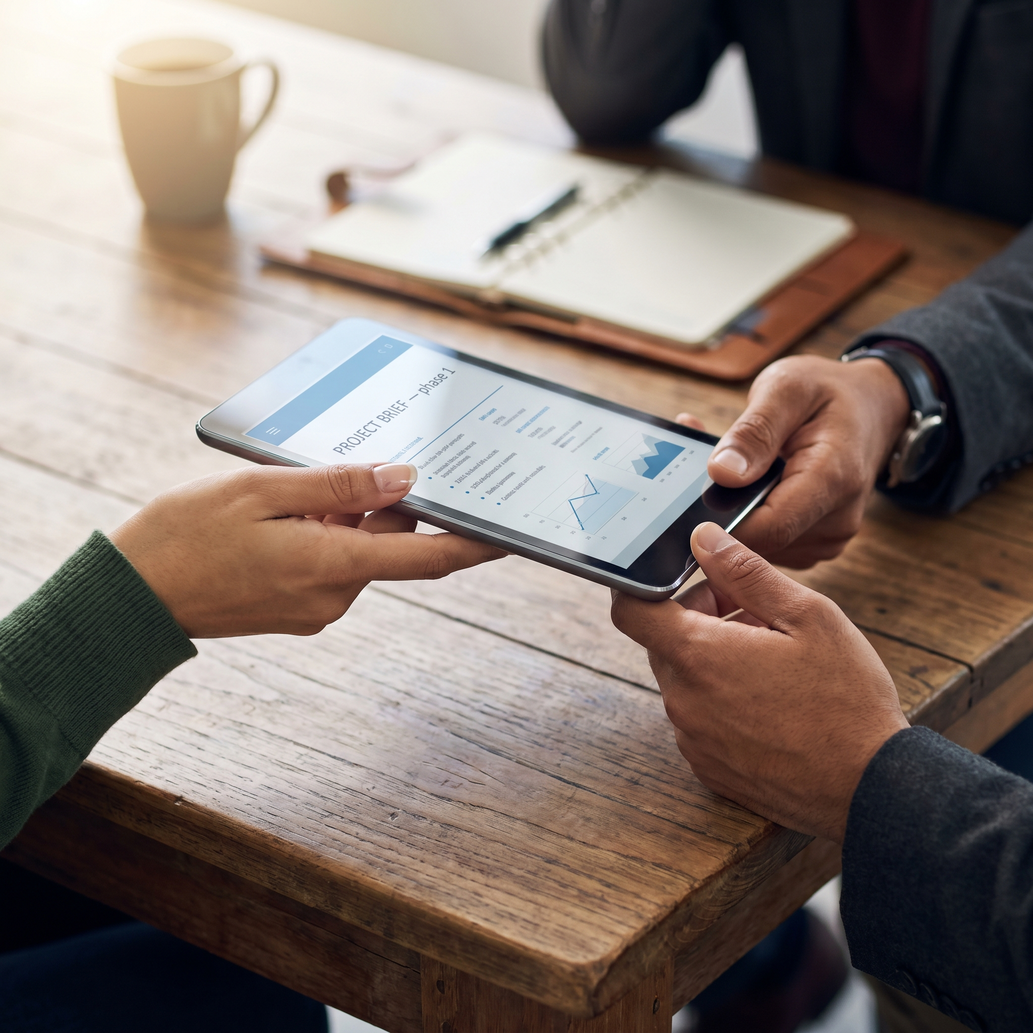 Handoff profesional de tablet con brief del proyecto entre profesionales